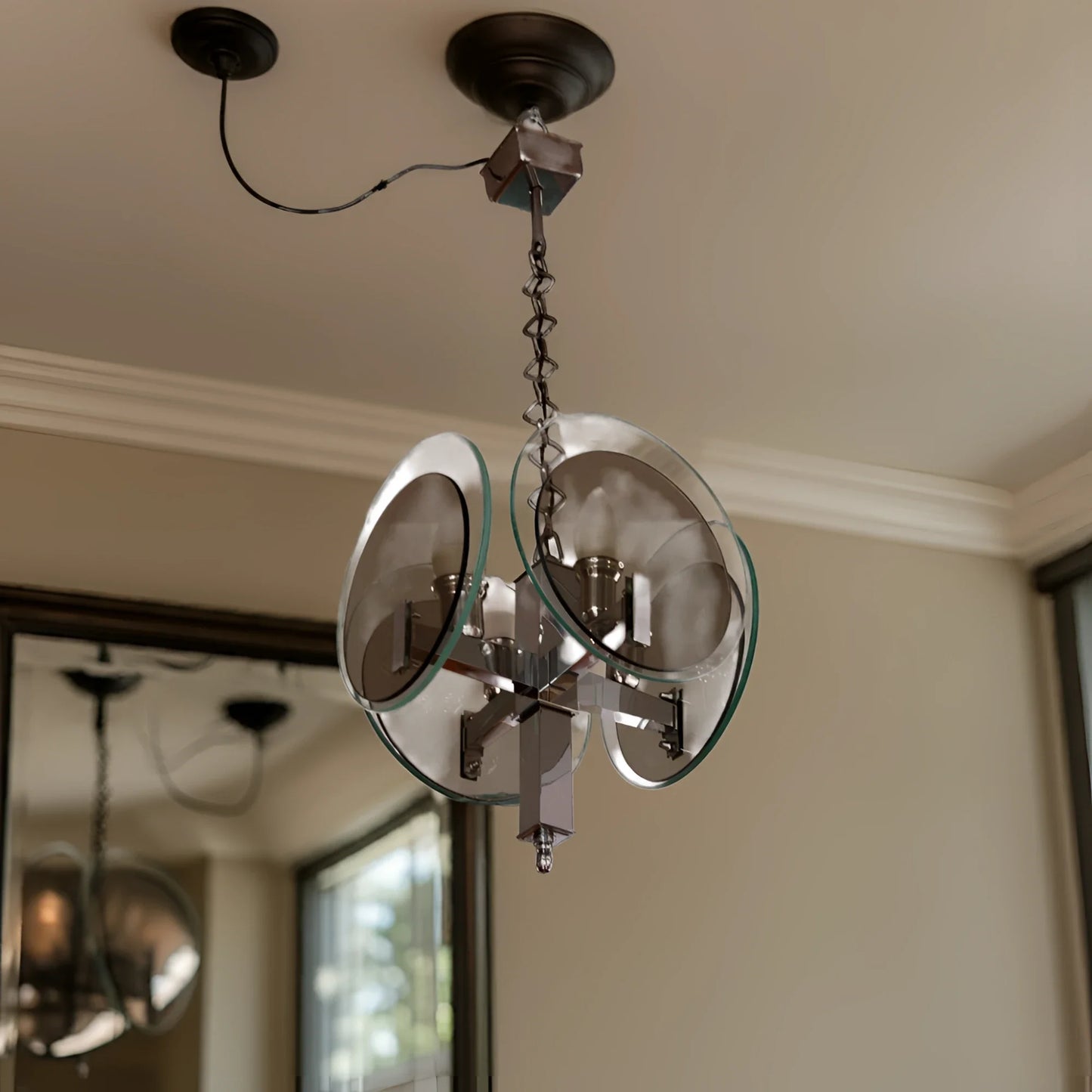 Lampadario vintage art déco in metallo cromato con vetro italia anni 70 moderno con dischi in vetro trasparente