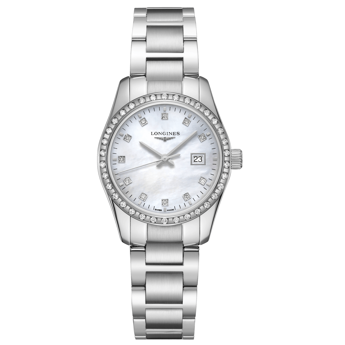 Montre Longines Conquest Classic 29,5 mm en acier, nacre et diamants, mouvement quartz, L2.286.0.87.6