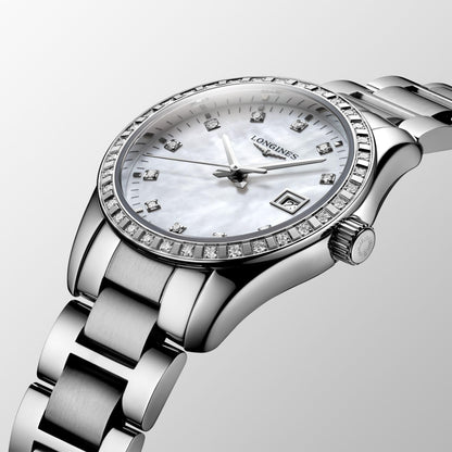 Montre Longines Conquest Classic 29,5 mm en acier, nacre et diamants, mouvement quartz, L2.286.0.87.6