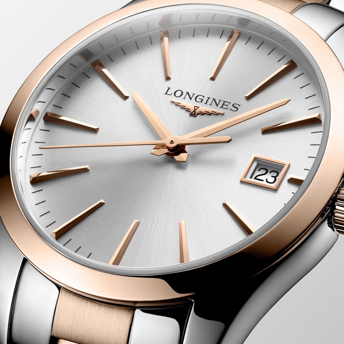 Longines montre Conquest Classic 34mm argent quartz acier PVD or rose L2.386.3.72.7