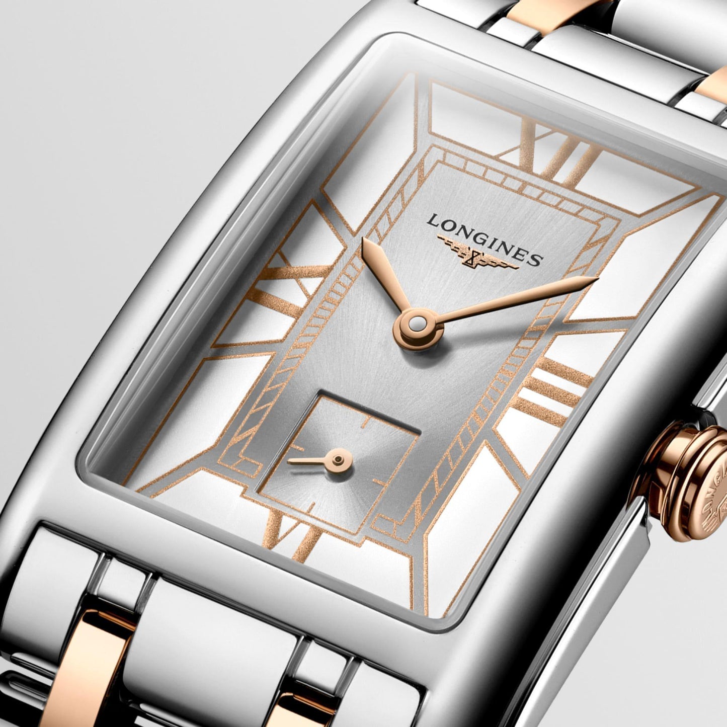 Montre Longines DolceVita 23,30 x 37,00 mm, quartz blanc, acier et or rose 18 carats, L5.512.5.75.7