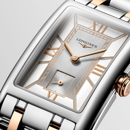 Montre Longines DolceVita 23,30 x 37,00 mm, quartz blanc, acier et or rose 18 carats, L5.512.5.75.7