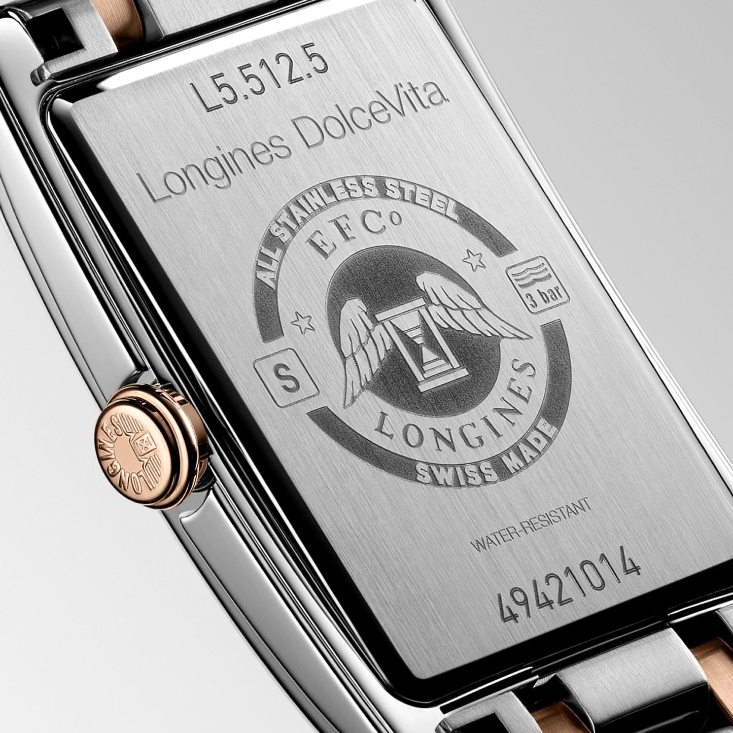 Montre Longines DolceVita 23,30 x 37,00 mm, quartz blanc, acier et or rose 18 carats, L5.512.5.75.7