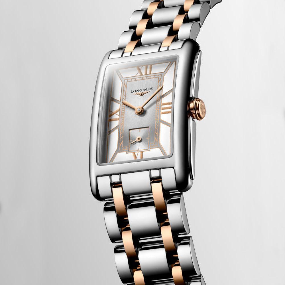Montre Longines DolceVita 23,30 x 37,00 mm, quartz blanc, acier et or rose 18 carats, L5.512.5.75.7