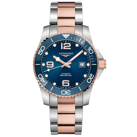 Montre Longines HydroConquest 41mm bleu automatique acier finitions PVD or rose L3.781.3.98.7