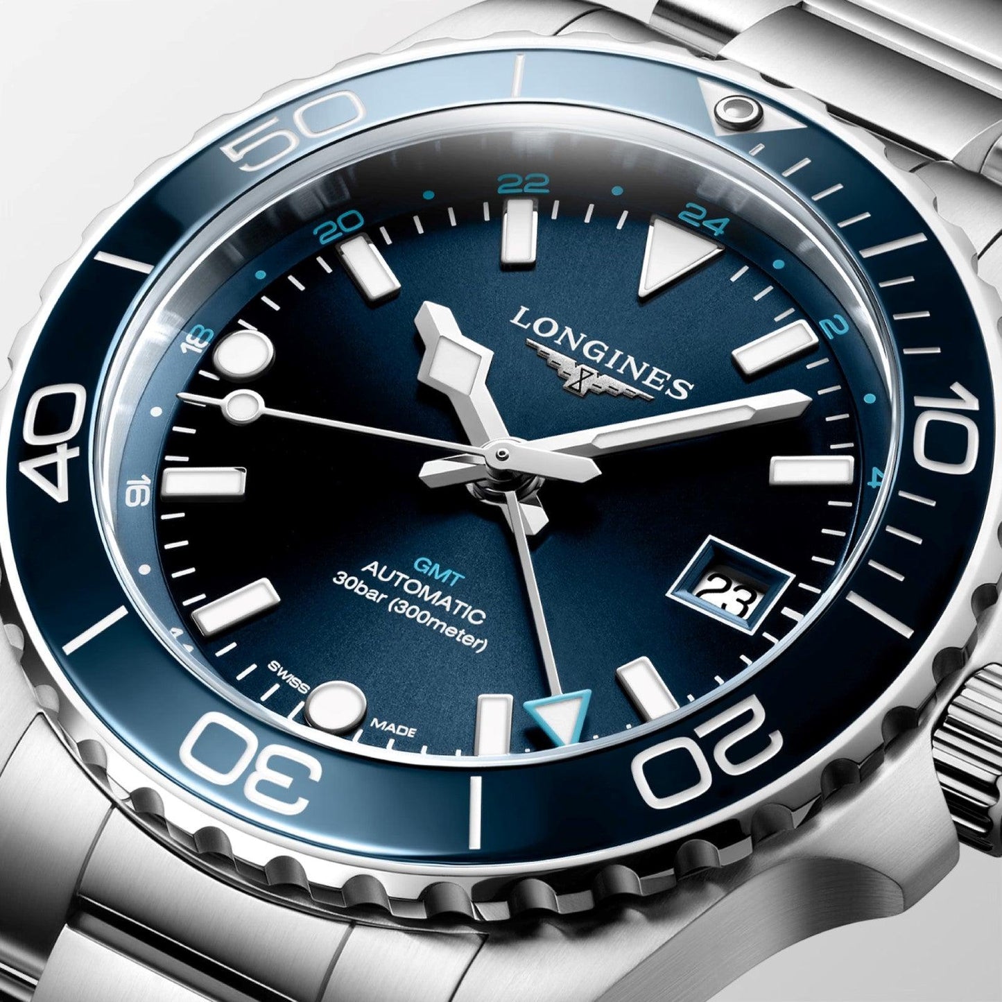 Longines montre Hydroconquest GMT 41mm bleu automatique acier L3.790.4.96.6