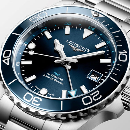 Longines montre Hydroconquest GMT 41mm bleu automatique acier L3.790.4.96.6