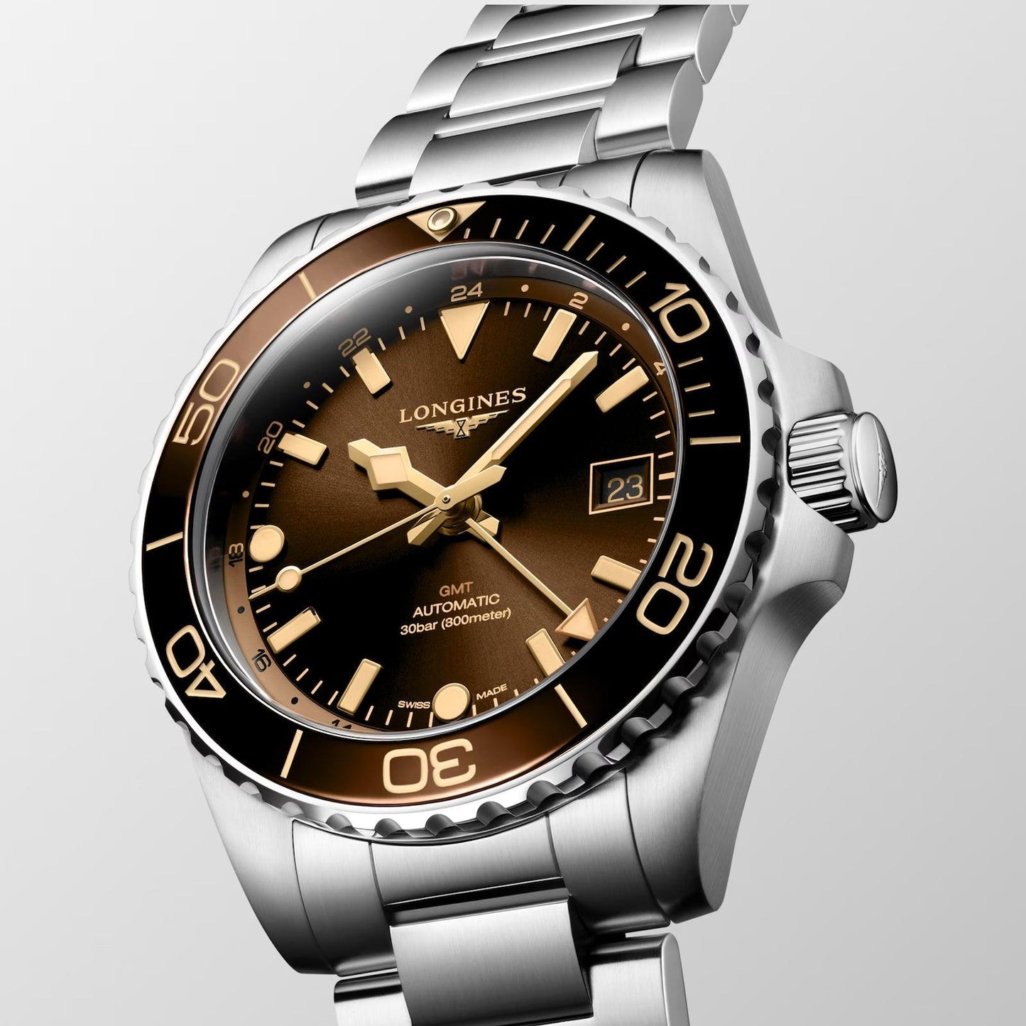 Montre Longines Hydroconquest GMT 41 mm en acier automatique marron L3.790.4.66.6
