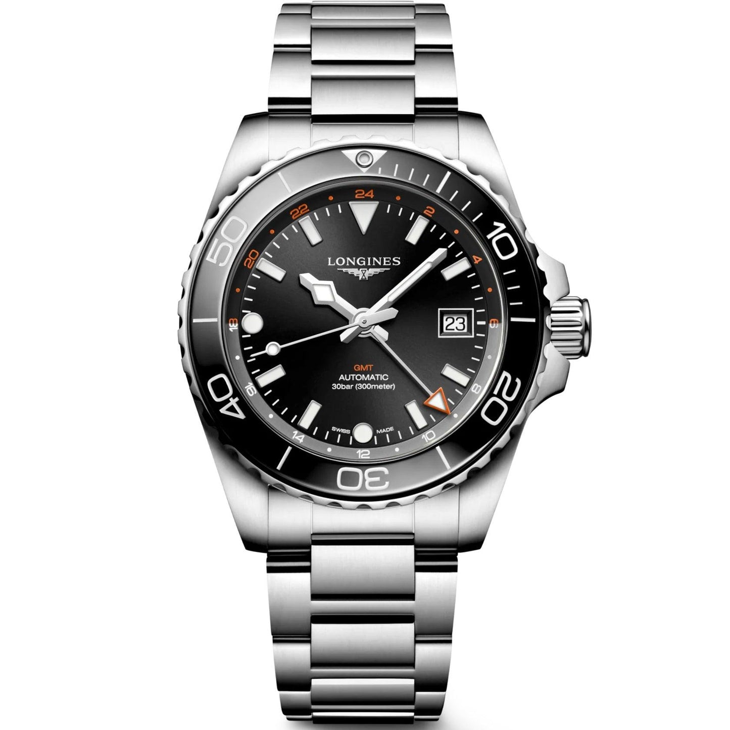 Longines montre Hydroconquest GMT 41mm noire automatique acier L3.790.4.56.6