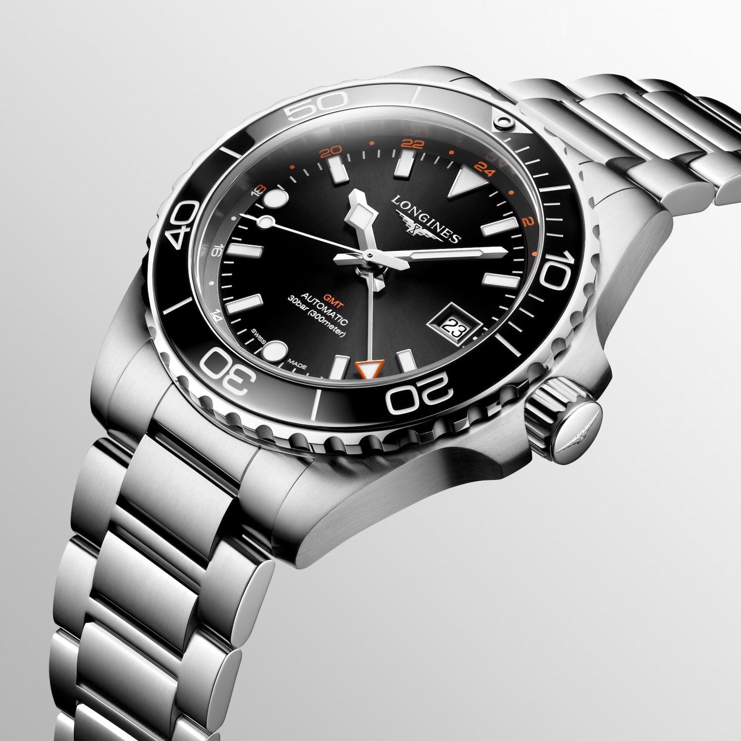 Longines montre Hydroconquest GMT 41mm noire automatique acier L3.790.4.56.6