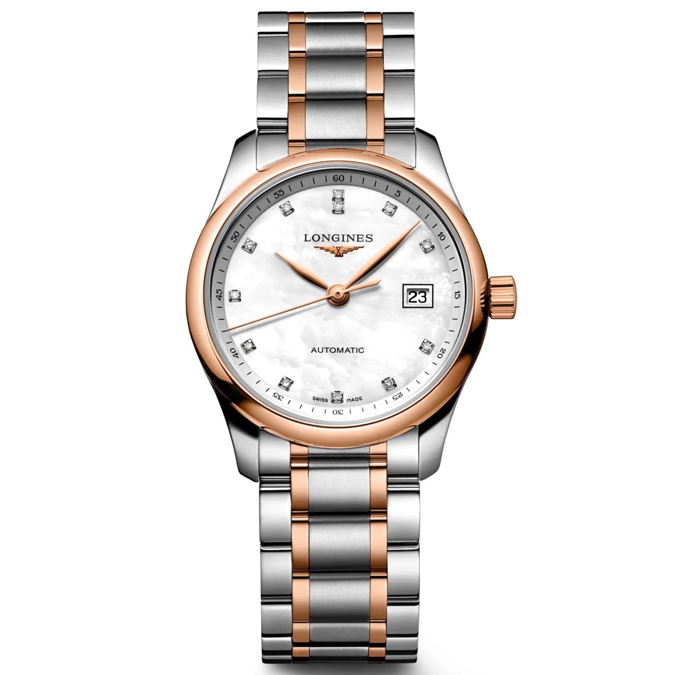 Montre Longines Master Collection 29mm nacre diamants automatique acier or rose L2.257.5.89.7