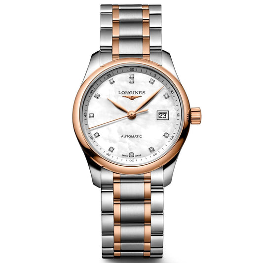 Montre Longines Master Collection 29mm nacre diamants automatique acier or rose L2.257.5.89.7