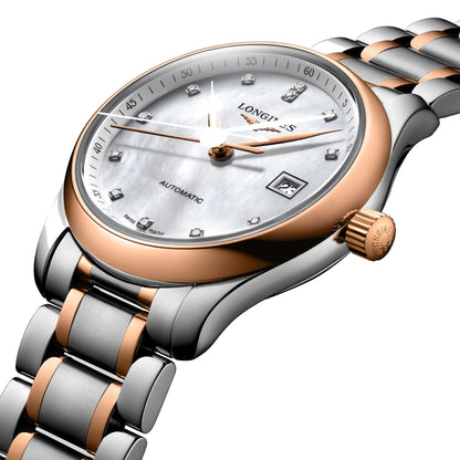 Montre Longines Master Collection 29mm nacre diamants automatique acier or rose L2.257.5.89.7
