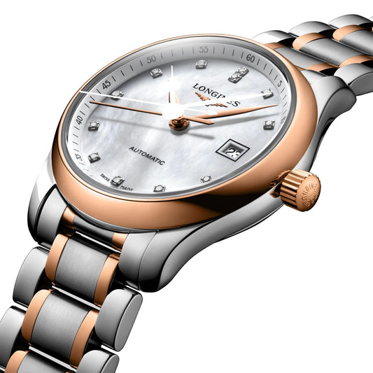 Montre Longines Master Collection 29mm nacre diamants automatique acier or rose L2.257.5.89.7