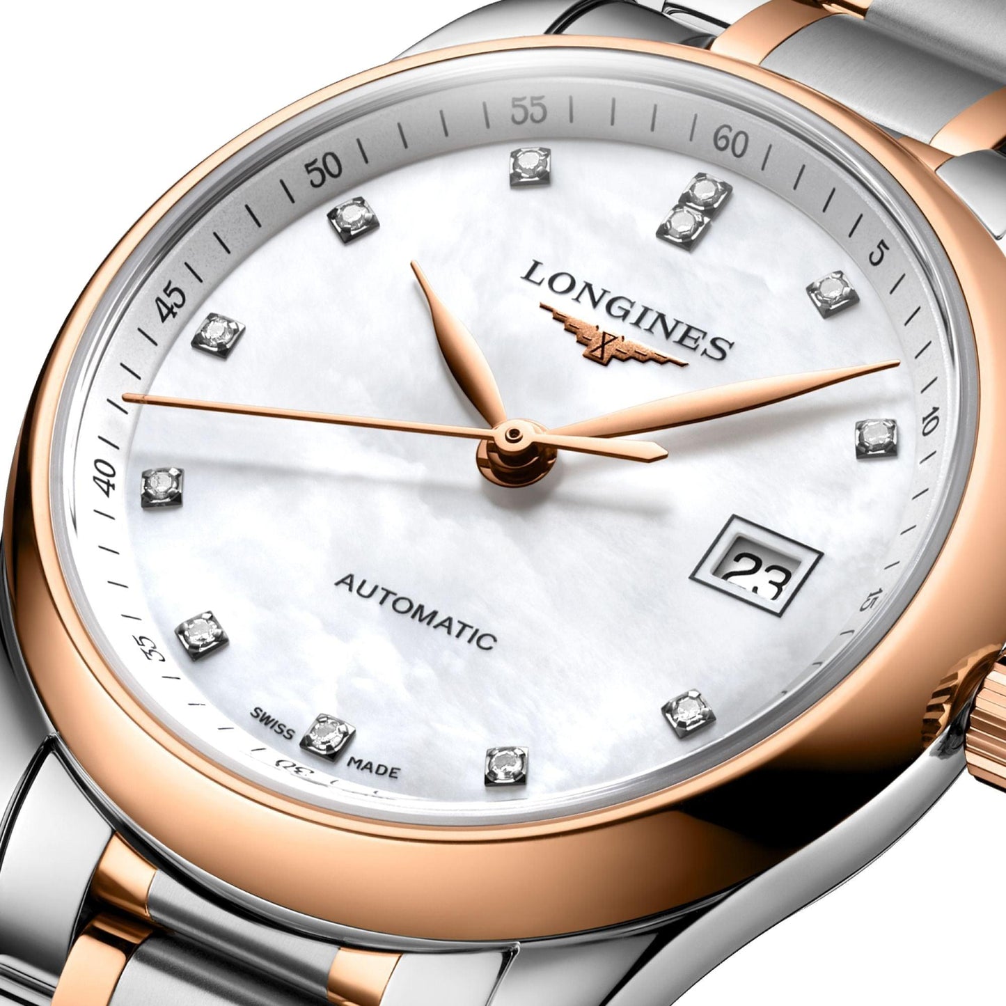 Montre Longines Master Collection 29mm nacre diamants automatique acier or rose L2.257.5.89.7