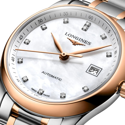 Montre Longines Master Collection 29mm nacre diamants automatique acier or rose L2.257.5.89.7