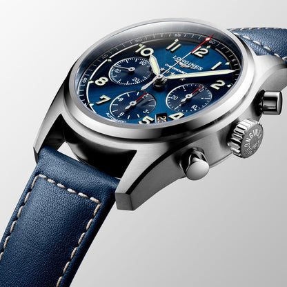 Montre Longines Spirit chronographe 42mm bleue automatique acier L3.820.4.93.0