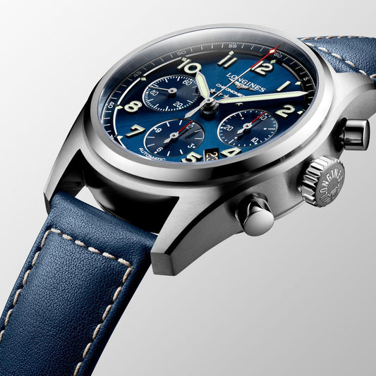 Montre Longines Spirit chronographe 42mm bleue automatique acier L3.820.4.93.0