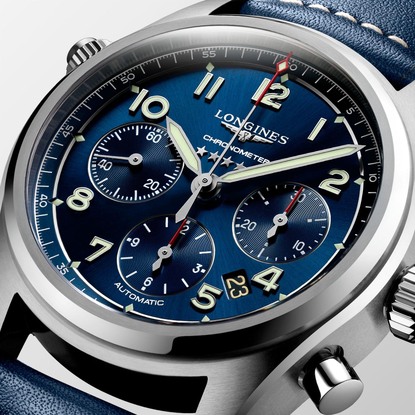 Montre Longines Spirit chronographe 42mm bleue automatique acier L3.820.4.93.0