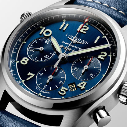 Montre Longines Spirit chronographe 42mm bleue automatique acier L3.820.4.93.0