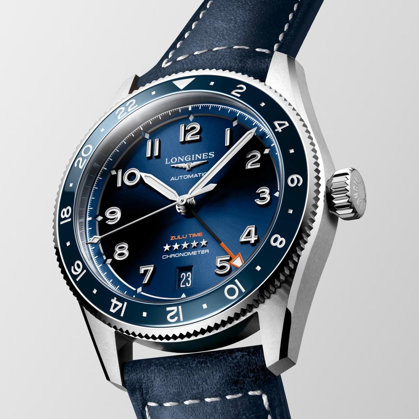 Montre Longines Spirit Zulu Time 39mm bleu automatique acier L3.802.4.93.2