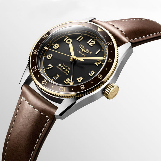 Montre Longines Spirit Zulu Time 39 mm, automatique, acier noir et or jaune 18 carats, L3.802.5.53.2