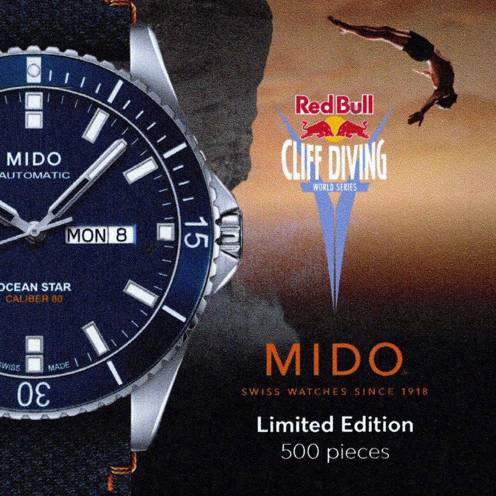 Montre Mido Ocean Star Red Bull Cliff Diving édition limitée 500pz 42mm bleu automatique acier M026.430.17.041.00