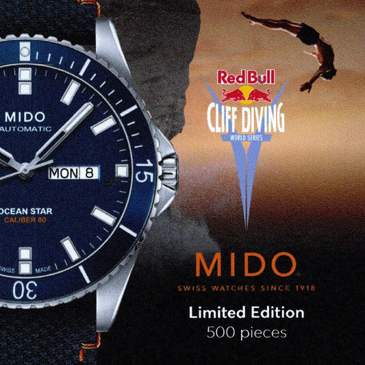 Montre Mido Ocean Star Red Bull Cliff Diving édition limitée 500pz 42mm bleu automatique acier M026.430.17.041.00