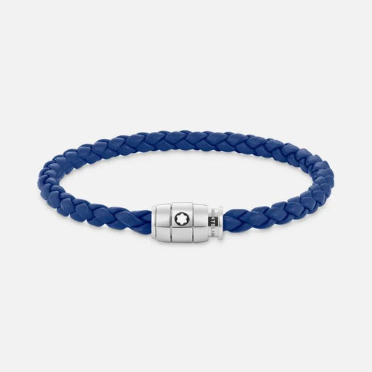 Bracelet Montblanc en acier avec fermoir à 3 anneaux et cuir bleu, taille M 130899 63