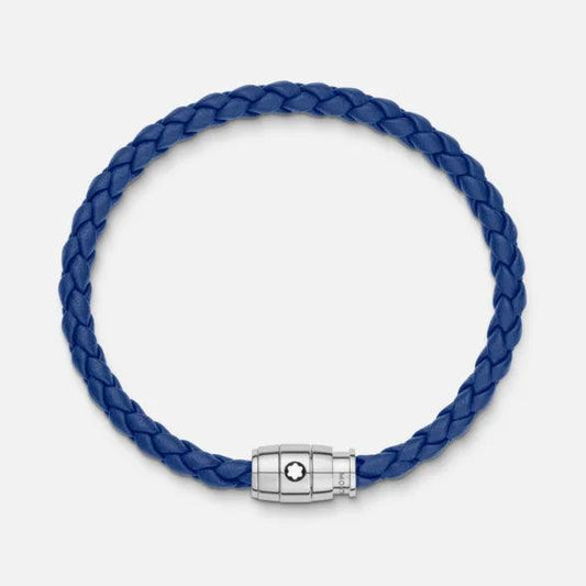 Bracelet Montblanc en acier avec fermoir à 3 anneaux et cuir bleu, taille M 130899 63