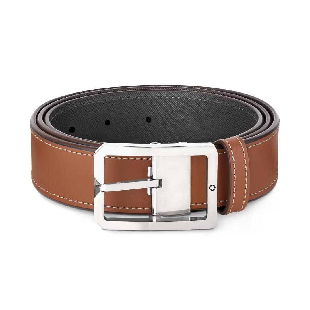 Montblanc ceinture 35mm avec boucle rectangulaire en cuir marron/gris réversible taille ajustable 131164