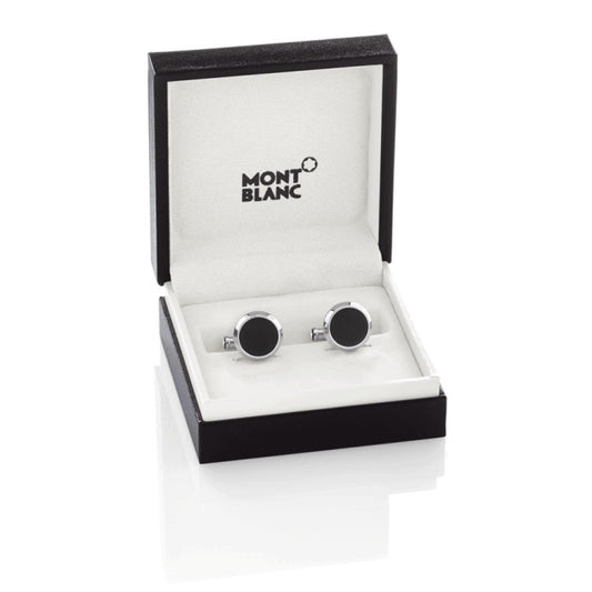 Montblanc boutons de manchette Meisterstück ronds en acier avec insert en onyx 112896