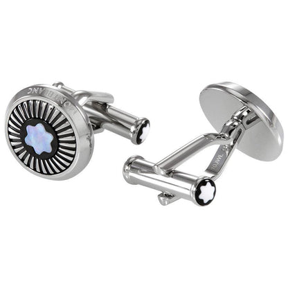 Montblanc boutons de manchette ronds en acier motif rayons et emblème en nacre 123809