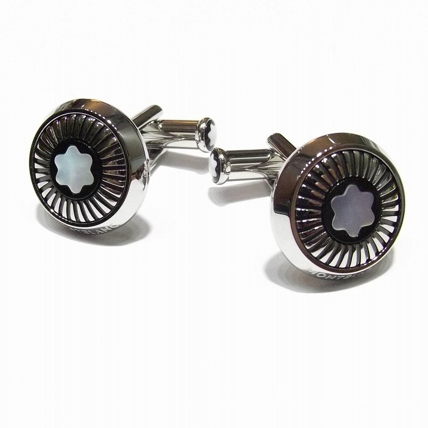 Montblanc boutons de manchette ronds en acier motif rayons et emblème en nacre 123809