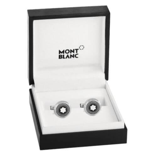 Montblanc boutons de manchette ronds en acier motif rayons et emblème en nacre 123809