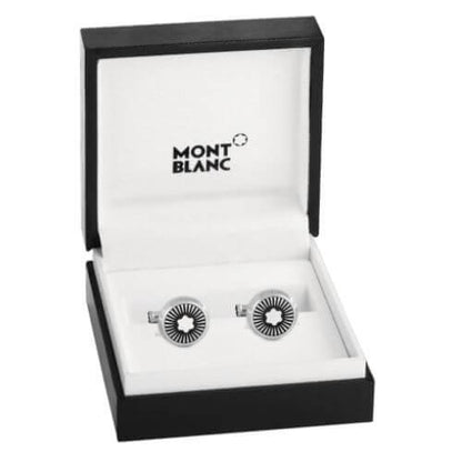 Montblanc boutons de manchette ronds en acier motif rayons et emblème en nacre 123809