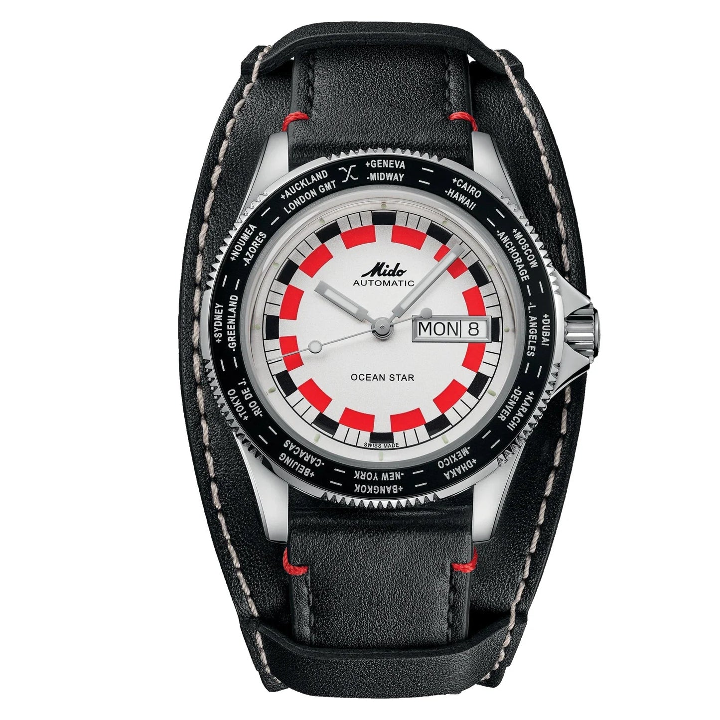 Mido orologio ocean star worldtimer automatico 40mm argento con quadrante rosso nero e cinturino pelle nera