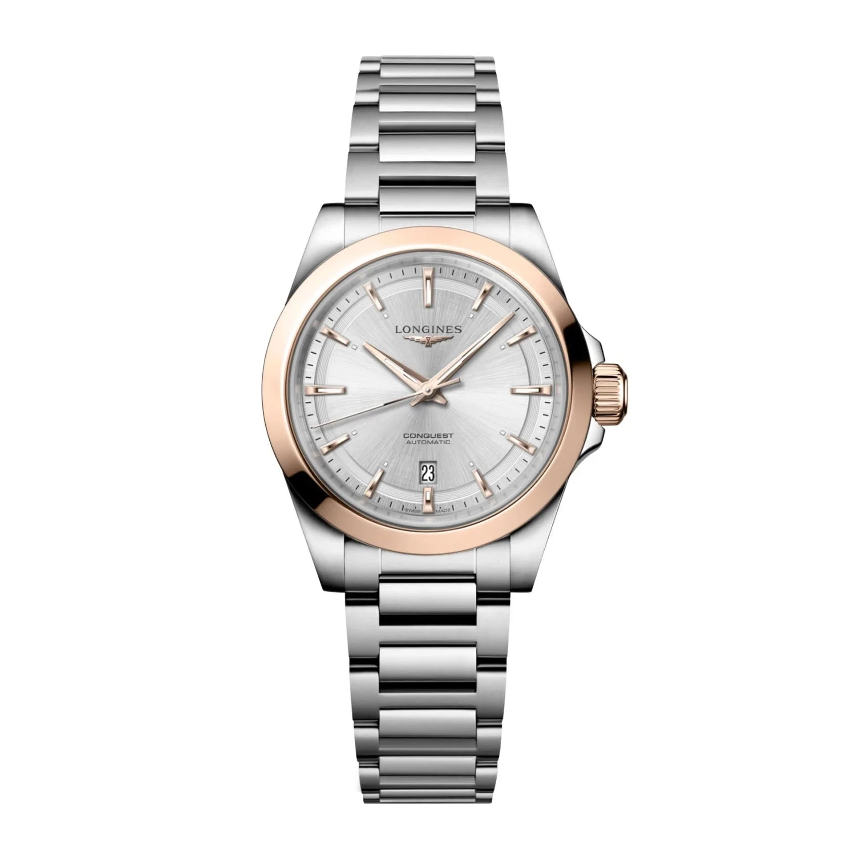 Orologio conquest longines automatico con cassa e bracciale in acciaio argento e dettagli in oro rosa protetto dall’ufficio federale