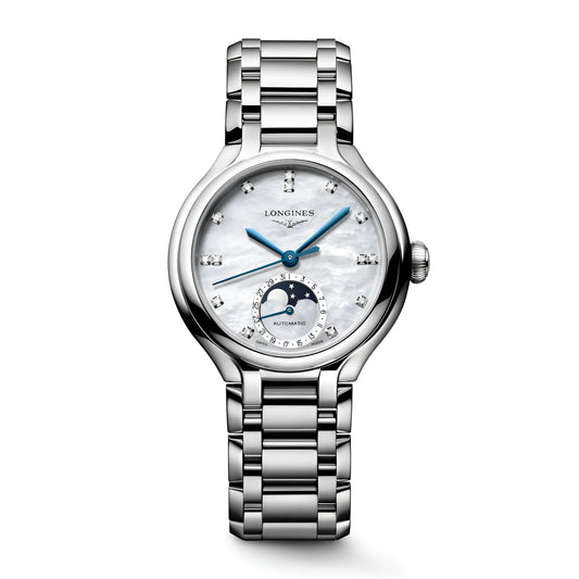 Longines primaluna orologio 34mm acciaio con quadrante madreperla lancette blu e indici diamanti collezione primaluna