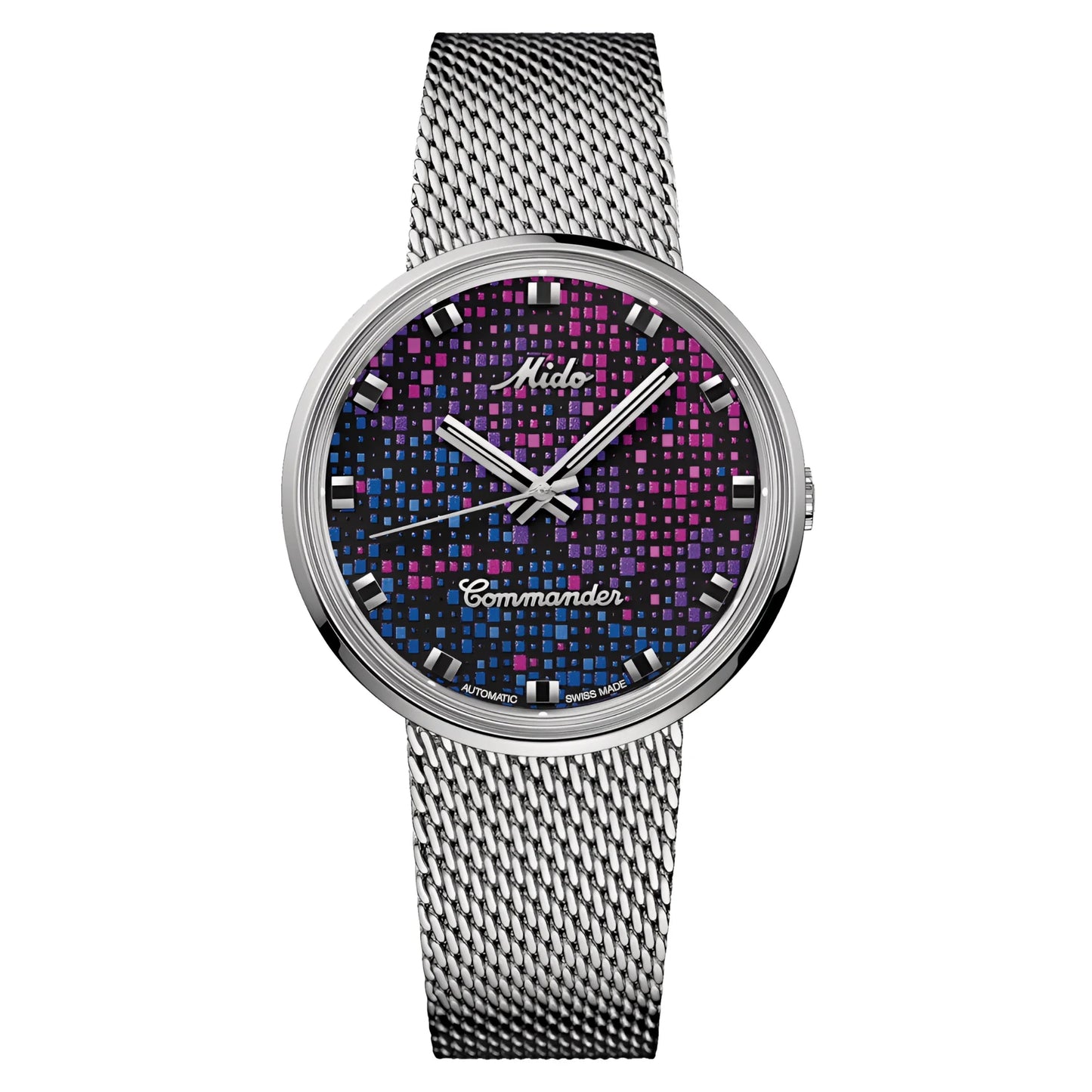 Mido orologio commander 1959 37mm nero automatico acciaio con cinturino mesh argento e quadrante vibrante pixelato
