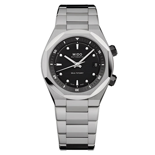Mido orologio multifort two crowns automatico con quadrante nero, indici e lancette bianchi, cassa e bracciale acciaio spazzolato