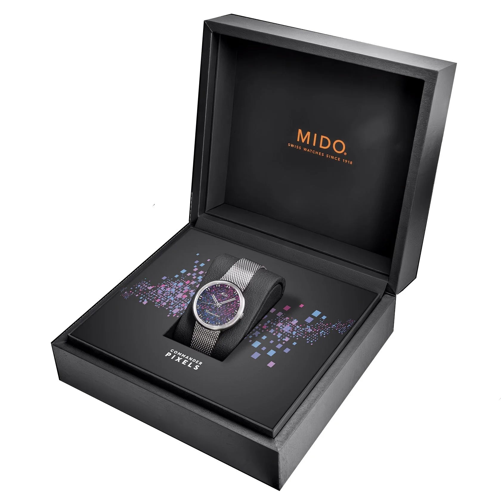 Mido orologio commander 1959 37mm nero automatico acciaio con cinturino mesh argento e quadrante pixelato viola e blu