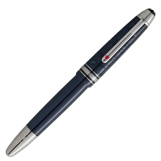 Elegante penna roller montblanc legrand meisterstück navy blu con dettagli in argento e cuore rosso intagliato the world