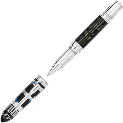 Montblanc roller great characters walt disney edizione limitata penna roller nera e argento con design circuito e cappuccio trasparente blu