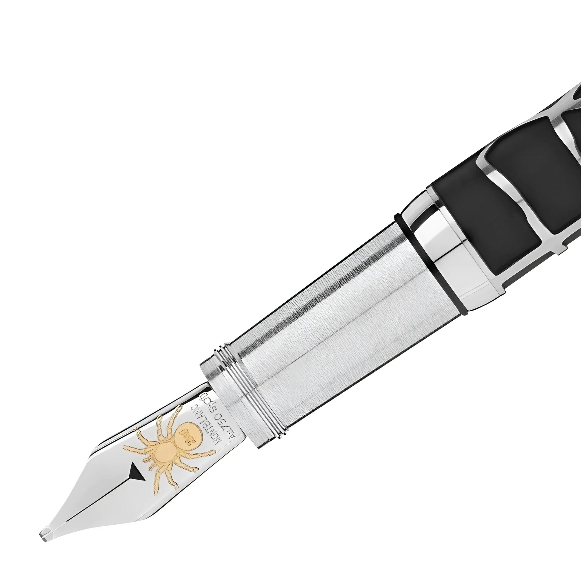 Stilografica heritage rouge et noir montblanc con penna argento, incisione ragno oro e impugnatura nera e argento textura