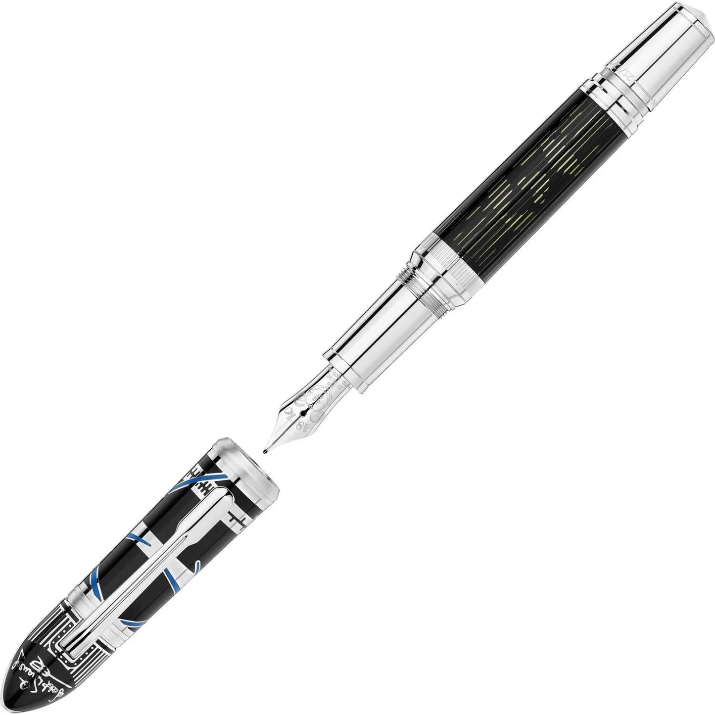 Montblanc stilografica great characters walt disney edizione limitata 1901 punta m con dettagli geometrici blu sul fusto nero e argento