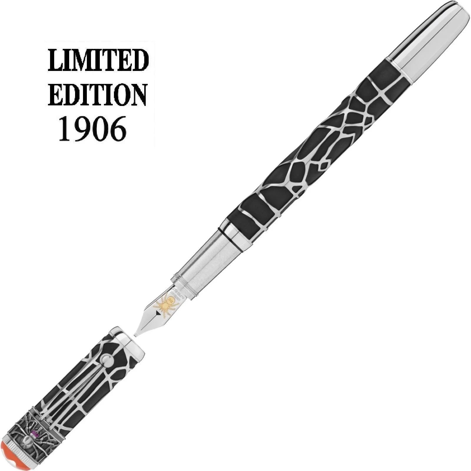 Montblanc stilografica heritage rouge et noir limited edition nero e argento con motivo giraffa e ragno dorato sulla punta