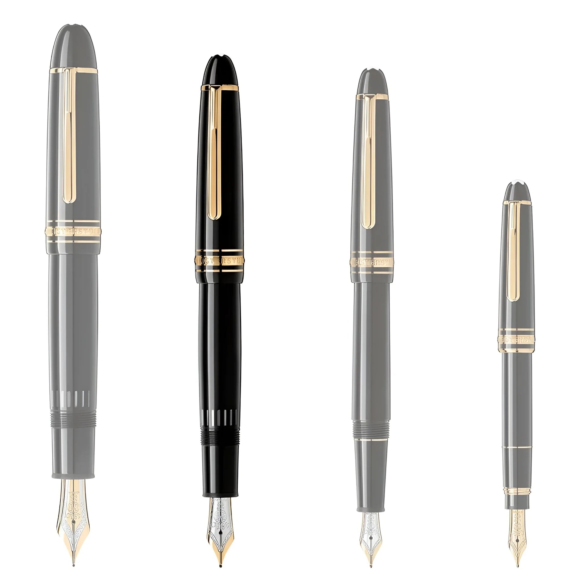 Quattro stilografiche montblanc meisterstück gold legrand punta m in pregiata resina nera con accenti oro ed eleganti pennini