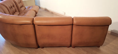 Divano modulare vintage in pelle cognac marrone con tre posti e funzione reclinabile in stile anni 70 italiano