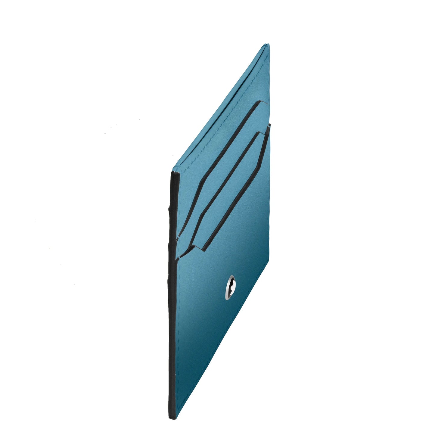 Teal porta carte in pelle con cuciture nere e chiusura tonda argento montblanc porta carte meisterstück blu fumé